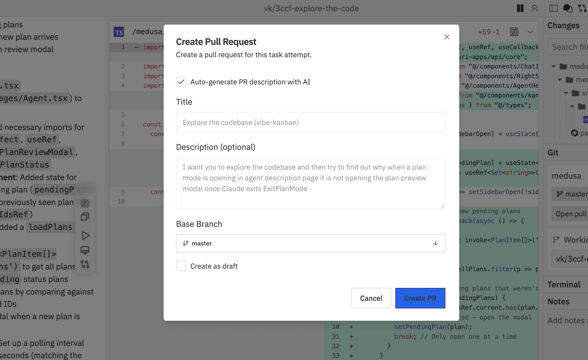 Opening a pull request with a generated description