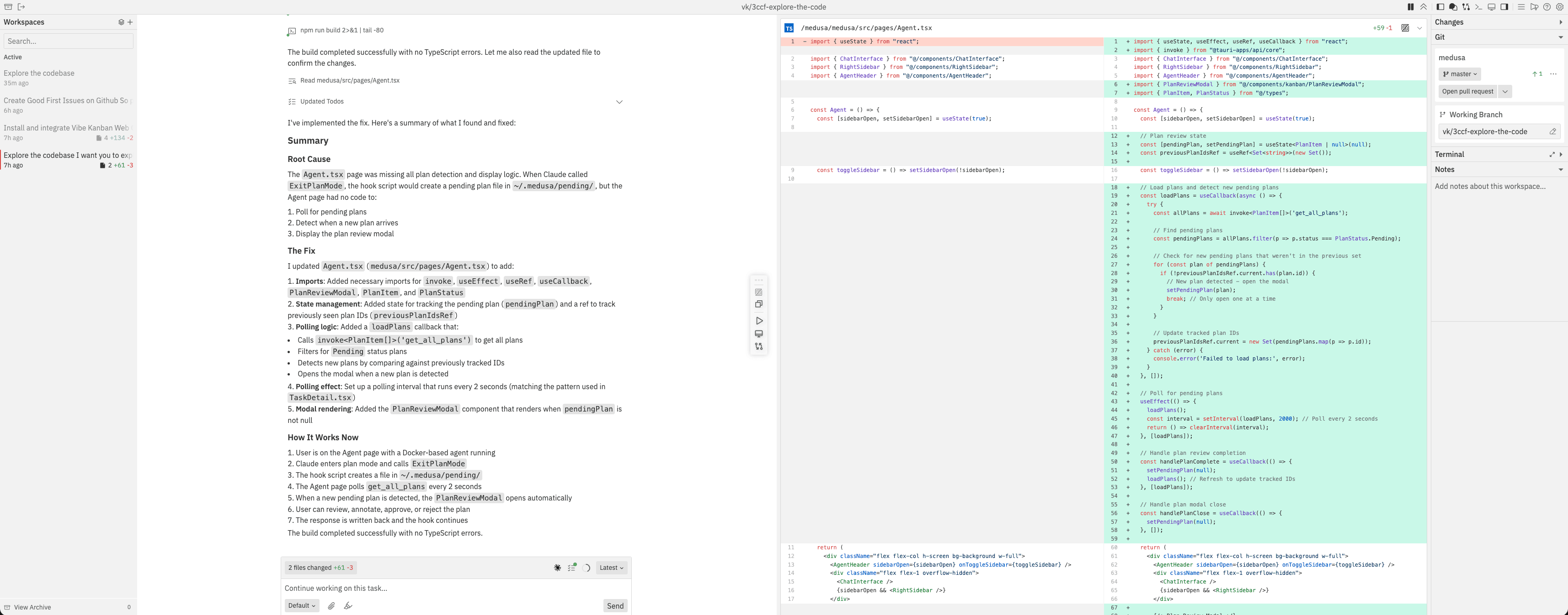 BetterCoding workspace: sidebar of tasks, agent conversation, and a live diff