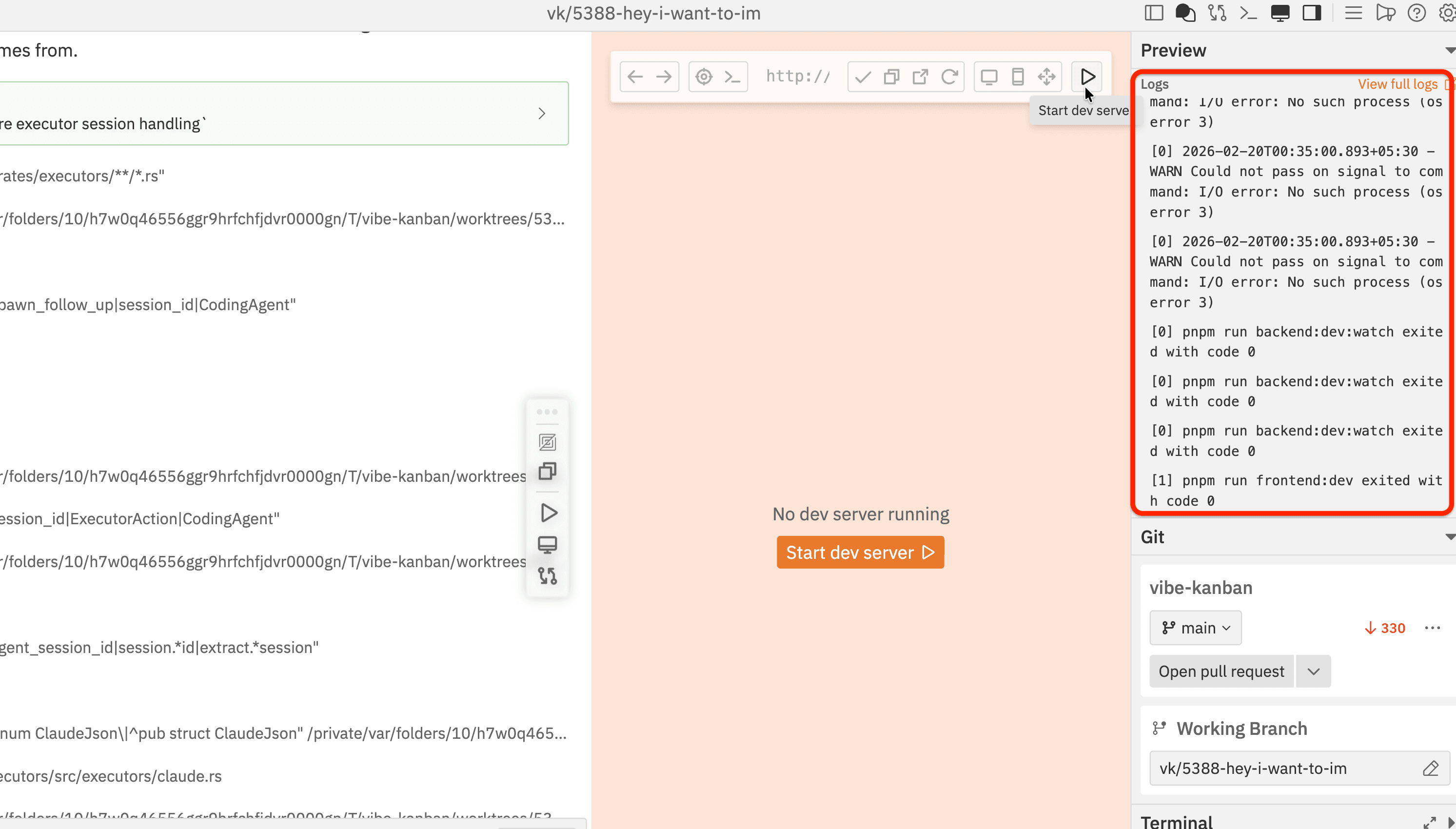 Built-in preview browser running the workspace dev server